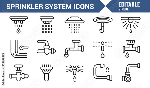 Minimalist sprinkler system icons with pipes, valves, and spray heads