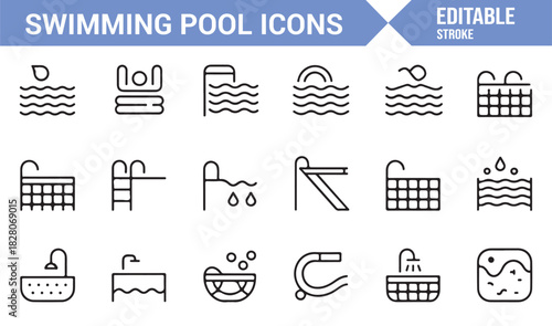Comprehensive swimming pool equipment and activity outline icons