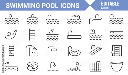 Linear illustration set of pool features, slides, and wave patterns