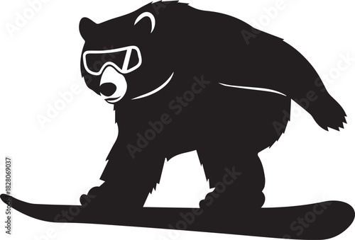 Black bear snowboarding with goggles in silhouette