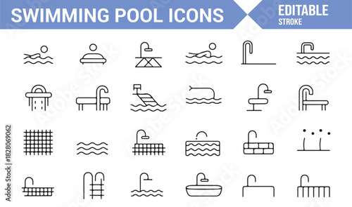 Modern outline icons of pools, swimmers, and aquatic tools