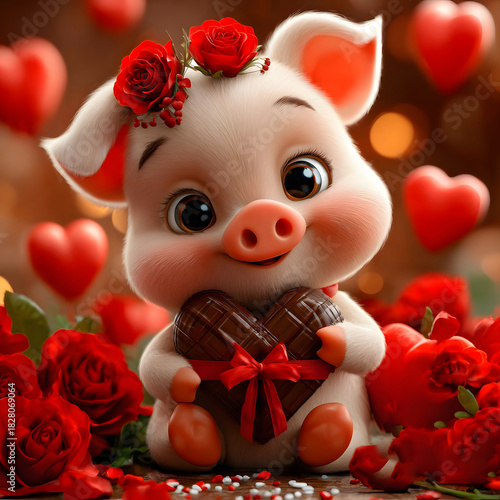 Cute Valentine's Day pig holding a chocolate heart with a red ribbon surrounded by roses and floating hearts, romantic illustration for cards, gifts, holiday decor