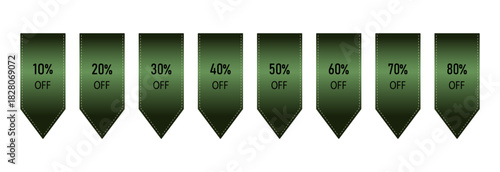 Vector discount tag set with green gradient sale labels featuring 10% to 80% off promotional markers, stitched ribbon design, shopping offer graphics for marketing, ecommerce and seasonal deals