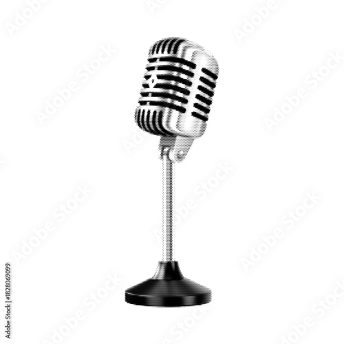 Vector illustration of a vintage halftone microphone with a classic retro stand, dotted texture and old school broadcast style, perfect for music posters and studio graphics.