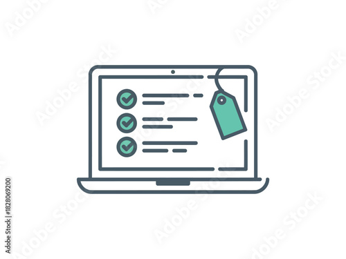 A laptop displays a checklist with a price tag attached to its screen.