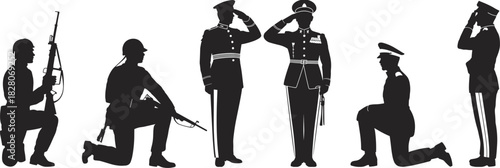 Set of military soldier silhouettes featuring saluting officers in uniform and kneeling combat troops with rifles vector illustration isolated.