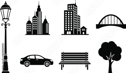 Set of urban silhouette icons, including street lamp, city buildings, bridge, car, bench, and tree vector.