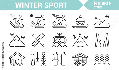 Snow sport and alpine gear icons for travel and holiday graphics