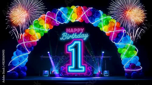 One year of joy and color—neon birthday glow, balloon arch, and fireworks light up the first milestone.