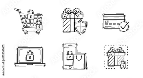 Secure shopping line art icons set with lock and shield for e-commerce and online transactions