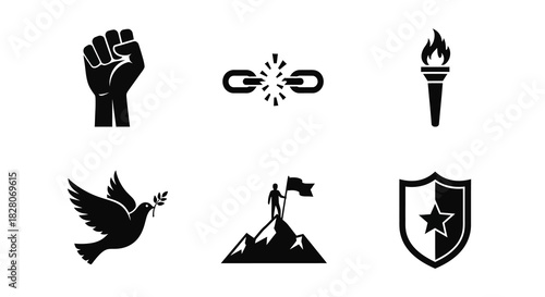 Icons of freedom and strength: fist, broken chain, torch, peace dove, mountain climber, shield