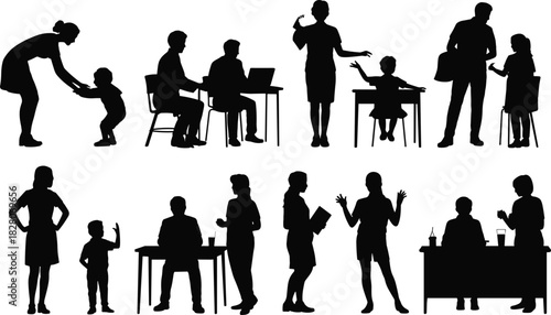 Set of vector silhouettes depicting people interactions including teacher student parent child and business meeting scenes.