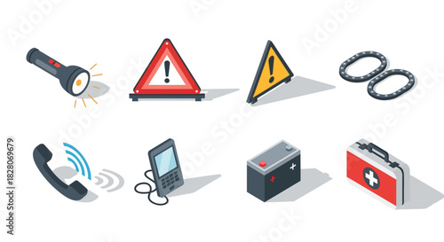 Isometric emergency and safety icons set