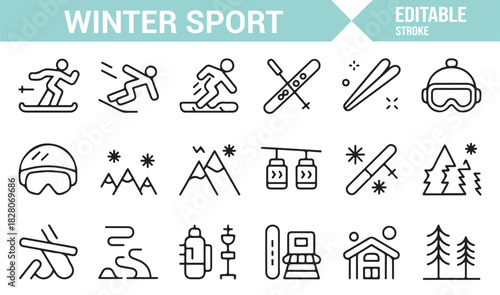 Ski resort and snow activity vector set with goggles and poles