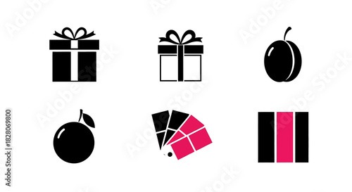 Minimalist icons of gifts, fruit, and color palettes in black and pink