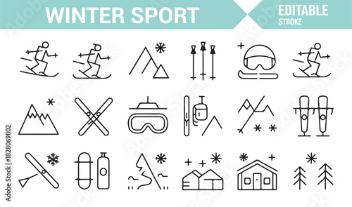 Cold-weather activity icon pack featuring skiers and snowboards