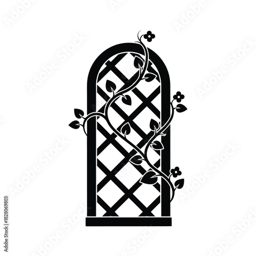Black silhouette of a garden trellis with climbing vines and flowers