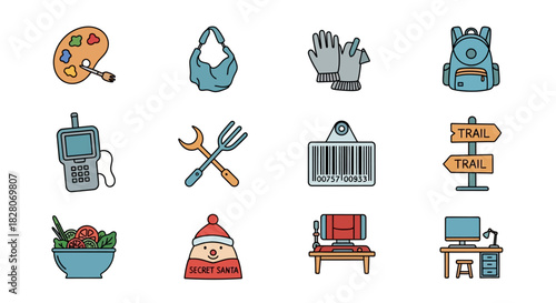 Colorful icon set: art, outdoor gear, and tech essentials in a modern flat style