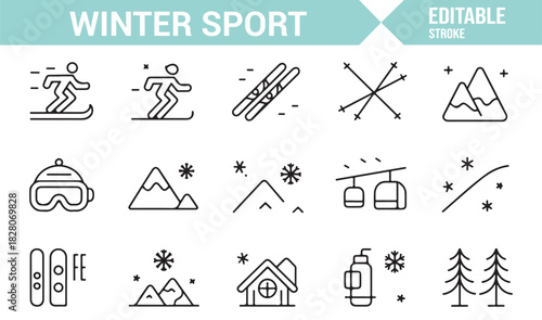 Minimalist vector icons of snow sports, mountains, and ski equipment