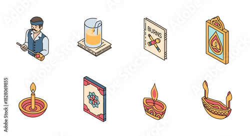 Traditional scottish and indian cultural icons in isometric style
