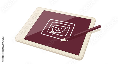 Digital drawing tablet with stylus and creative sketch on screen