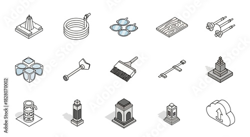 Isometric icons of urban architecture and tools for modern design projects
