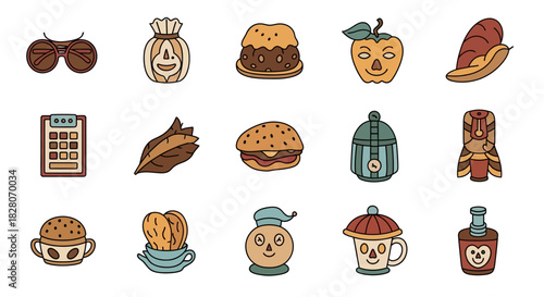 Whimsical autumn icons collection featuring food and fall elements in hand-drawn style