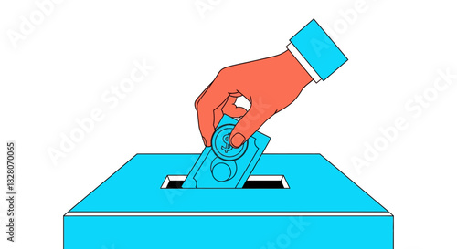 Hand inserting cash into donation box in colorful pop art style