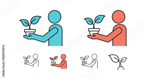 Growth and sustainability: minimalist plant icons with human figures in flat design