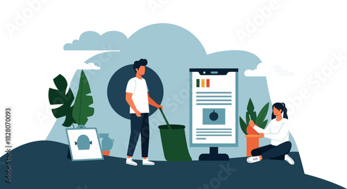 Eco-conscious digital age: people engaged in sustainable practices with modern technology