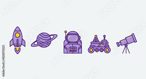 Colorful linear space icons: rocket, planet, astronaut, rover, telescope