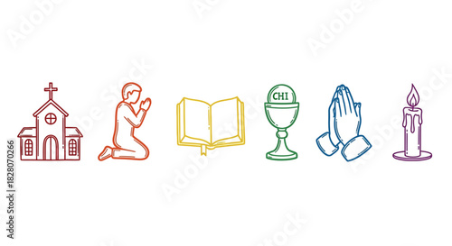 Colorful minimalist religious symbols featuring church, prayer, and holy elements