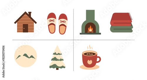 Cozy winter elements collection featuring cabin, slippers, fireplace, and warm beverage