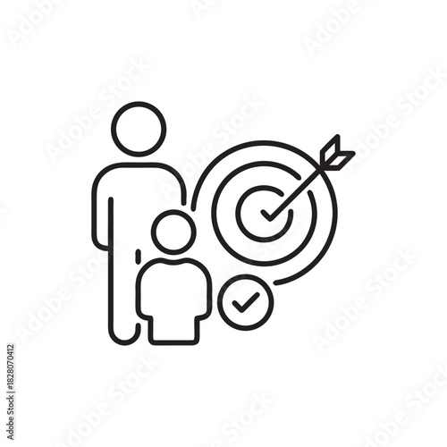 Business management line icon people target with arrow and check mark black and white vector illustration