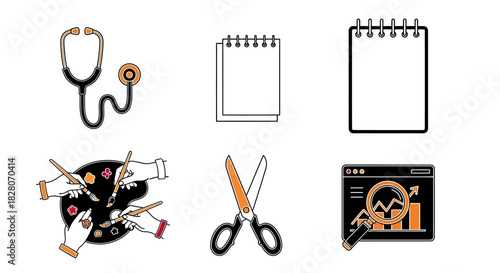 Creative icons: medical tool, notebook, art palette, scissors, web analytics