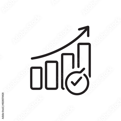 Business management growth chart with rising bar graph and check mark black and white vector icon