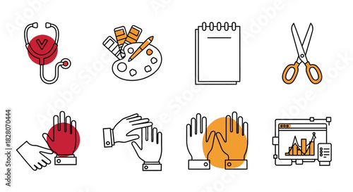 Colorful minimal line art icons of office and art tools for creative projects