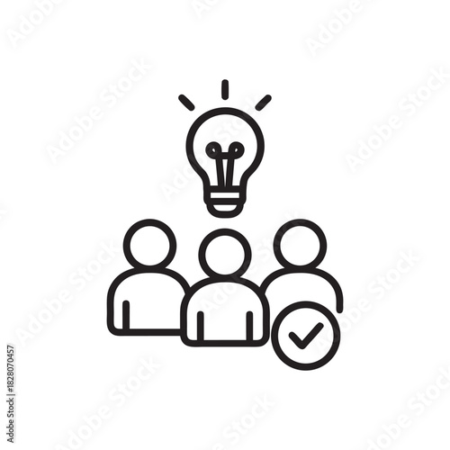 Business management teamwork icon with group brainstorming lightbulb and approved idea black and white vector illustration