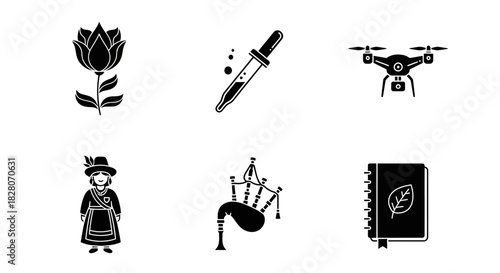 Silhouette icons: floral, science, drone, tradition, instrument, eco