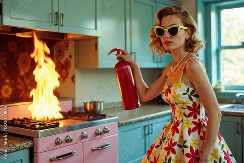 Young woman in vibrant floral dress and retro cat-eye sunglasses poses dramatically with fire extinguisher, extinguishing blazing fire.