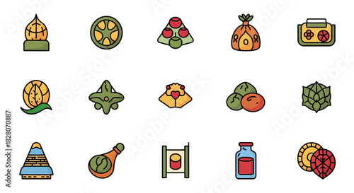 Colorful flat icons of diverse exotic fruits and spices for culinary and botanical designs