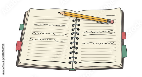 Spiral notebook and pencil on open pages with colorful tabs, hand-drawn style
