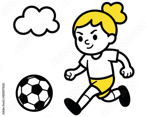 A young girl with blonde hair in a ponytail plays soccer, kicking the ball with determination.