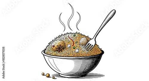 Aromatic rice bowl with spices and herbs in vintage style