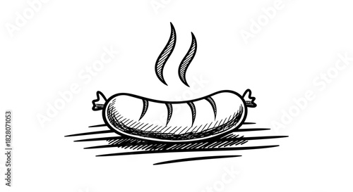 Hand drawn grilled sausage with smoke lines on white background