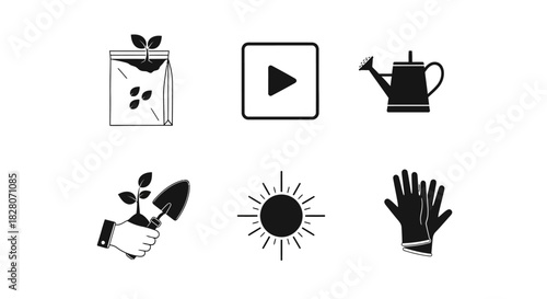 Essential garden tools: simple black icons for gardening enthusiasts
