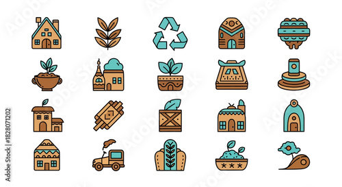 Colorful linear eco icons featuring houses, plants, and sustainability symbols