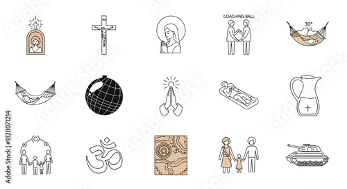 Religious symbols and family icons in modern linear style