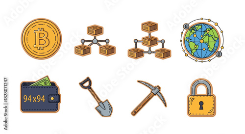 Blockchain technology icons: cryptocurrency, mining tools, security elements