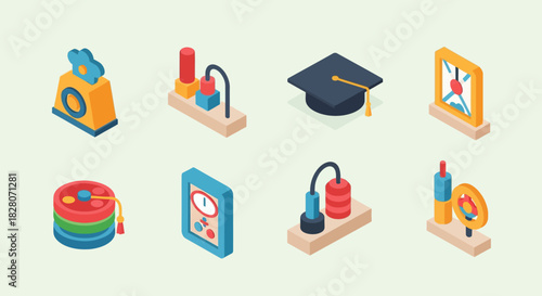 Isometric education icons set with graduation hat and academic symbols